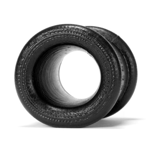 An image of a black leather ring on a white background.