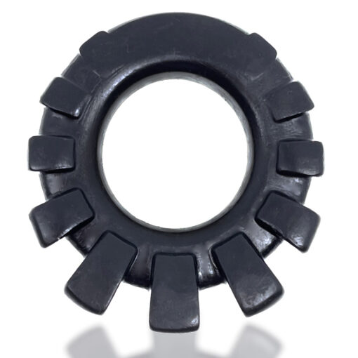 A black plastic ring on a white background.