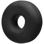 A black donut on a white background.