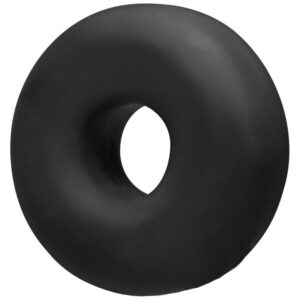 A black donut on a white background.