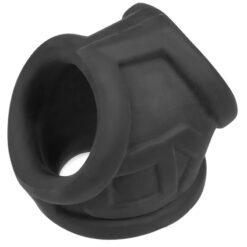 A black rubber sex ring with a hole in the middle.