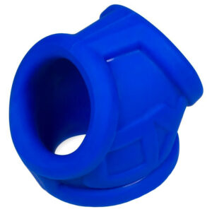 A blue plastic ring with a hole in it.