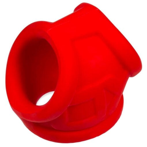 A red plastic ring with a hole in it.