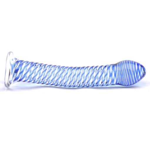 A blue and white striped sex toy on a white background.