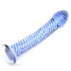 A blue glass spiral sex toy on a white surface.