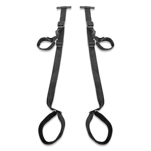 A pair of black straps on a white background.