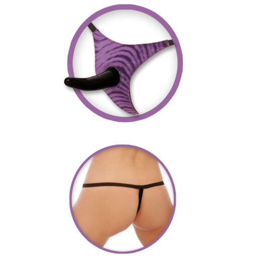 Two pictures of a woman wearing a purple thong and a black thong.