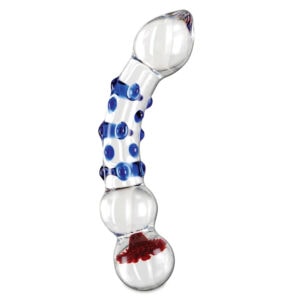 A blue and white glass dildo with red dots.