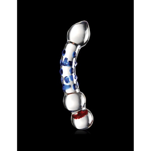 A blue and white glass dildo on a black background.