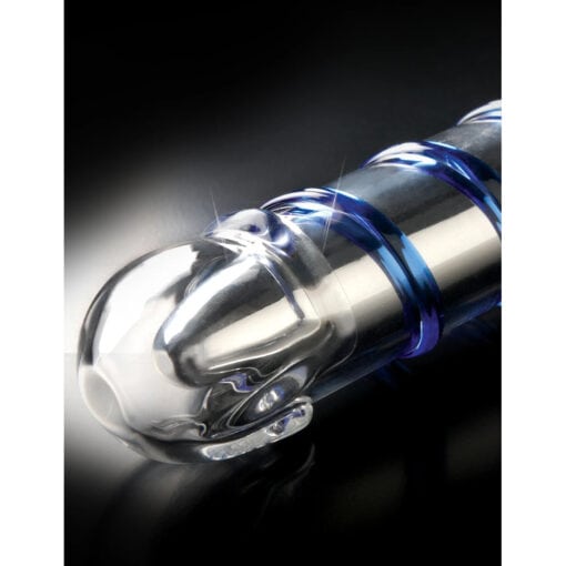 A blue and silver sex toy on a black background.