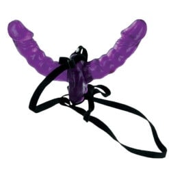 A purple sex toy with a black strap.