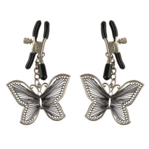 A pair of butterfly clip earrings on a white background.