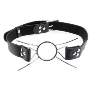 A black leather choker with a circle on it.