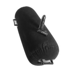 A black pillow with a handle attached to it.