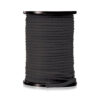 A spool of black rope on a white background.