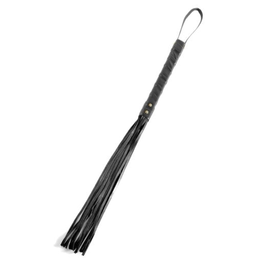 A black leather whip with a tassel on it.
