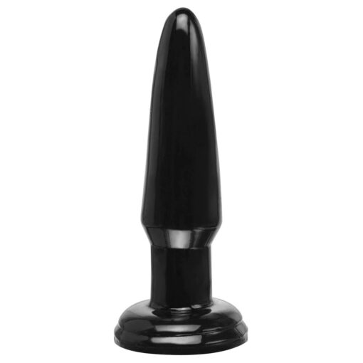 A black plastic cock plug on a white background.