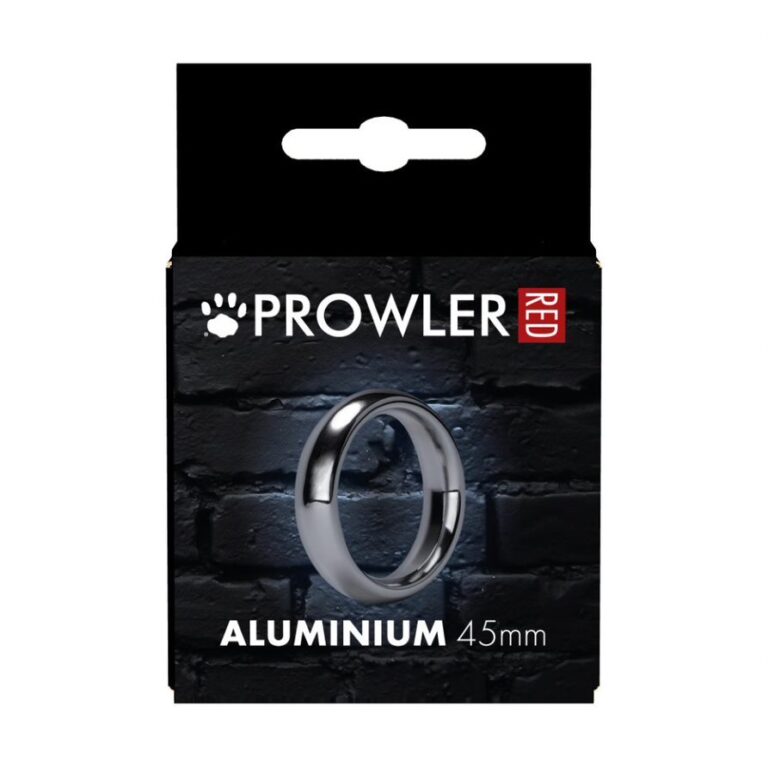 Close-up of Prowler Red aluminium ring for male enhancement, 45mm size, displayed against a dark brick wall background, highlighting its sleek design and quality material.