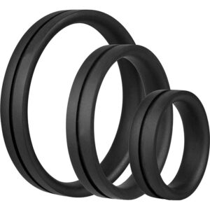 Three black rubber rings on a white background.