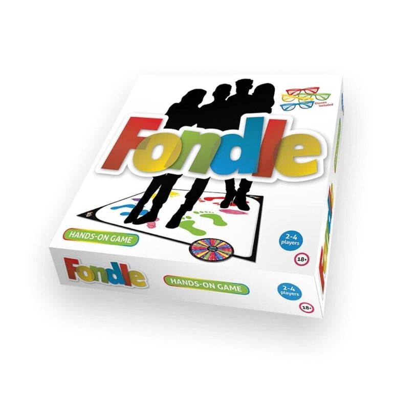 Fun educational Fundle game box featuring silhouettes of children and adults, colourful logo, and accessories, ideal for family entertainment and interactive learning.