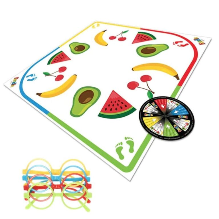 Fun fruit-themed Twister game with colourful fruit illustrations and a spinner, ideal for parties and family entertainment, promoting active play and social interaction.