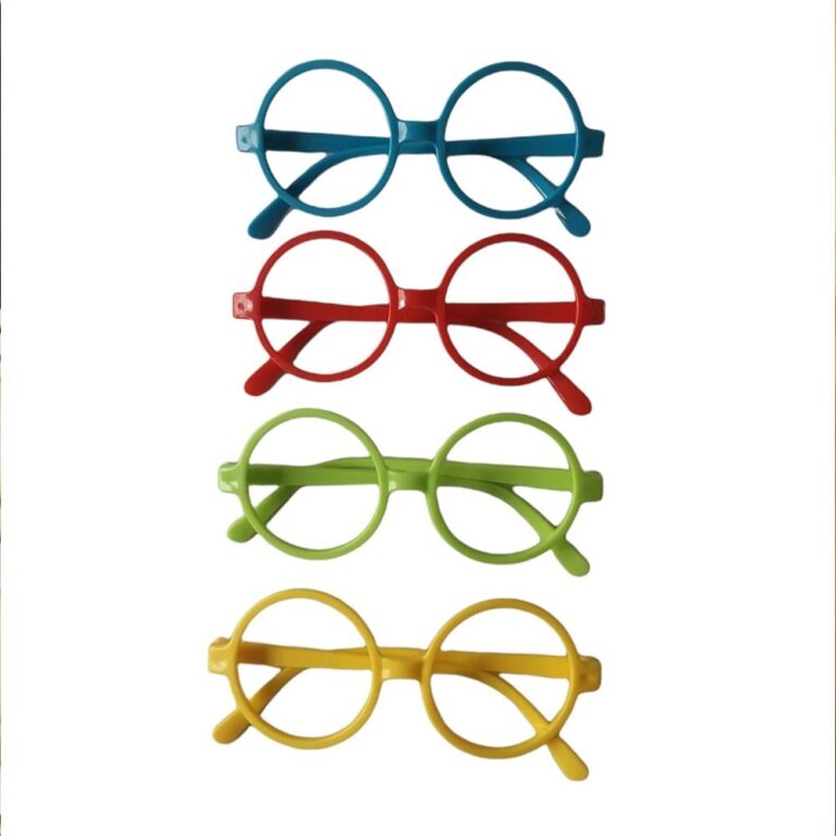 Brightly coloured children's round glasses in blue, red, green, and yellow, designed for playful and stylish eyewear for kids. Perfect for fun, fashion, and eye protection.