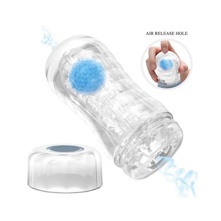 An innovative male sex toy featuring a transparent design, soft internal textures, and an air release hole for enhanced pleasure and comfort.