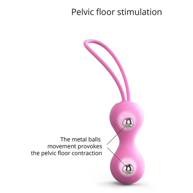 An image of a pink pelvic floor stimulator with metal balls that promote pelvic floor contraction through movement. Designed for sexual health and pelvic muscle strengthening, ideal for improving inti.