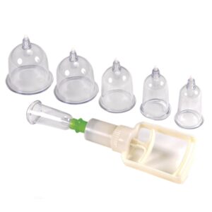 A set of plastic breast pumps and a bottle.