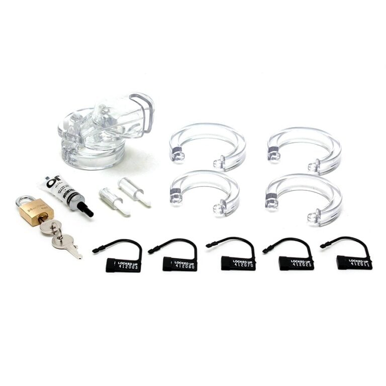 Secure locking device for adult toys, including transparent silicone rings, keys, and padlocks, designed for safe and discreet use, enhancing intimacy and security.