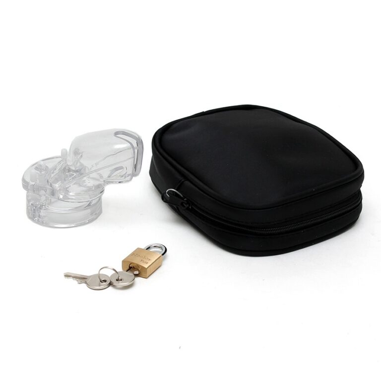 Safe storage case for adult toys, with transparent lockable container, keys, and compact black zippered pouch for discreet and secure organisation of intimate items.
