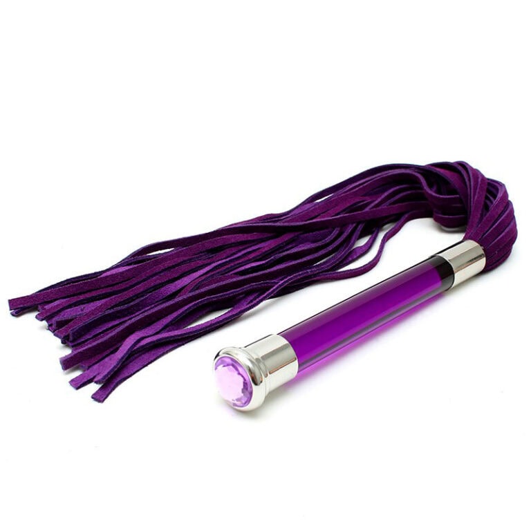 Purple BDSM leather flogger with multiple suede strands, ideal for adult BDSM, sensation play, and erotic role-playing, enhancing intimacy and exploring fantasies.