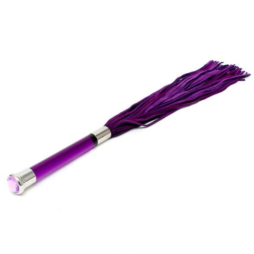 A purple tassel with a metal handle on a white background.