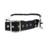 A black leather belt with a metal buckle.