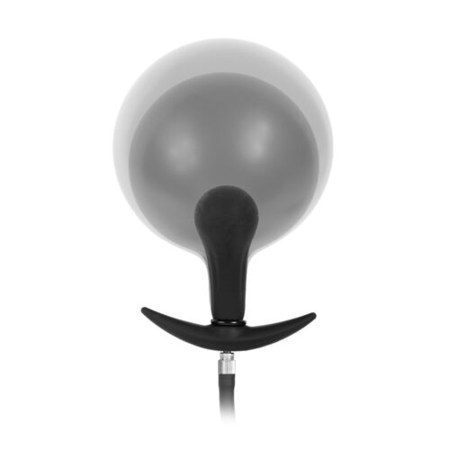 A black ball with a black handle on a white background.