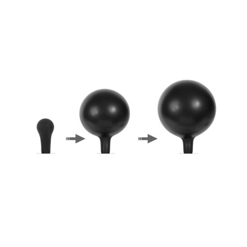 A black plastic ball is shown with two arrows pointing in different directions.