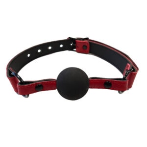 A red and black collar with a ball on it.
