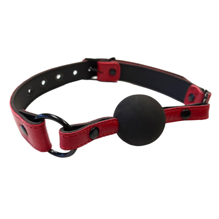 Chastity collar with ball gag, BDSM restraint gear, adult fetish accessories, leather bondage equipment, erotic restraint device, sex toy for couples, BDSM gear for dominance and submission.