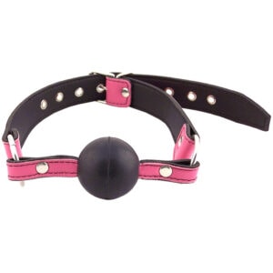 A black and pink collar with a ball on it.