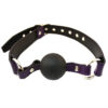 A purple collar with a ball on it.