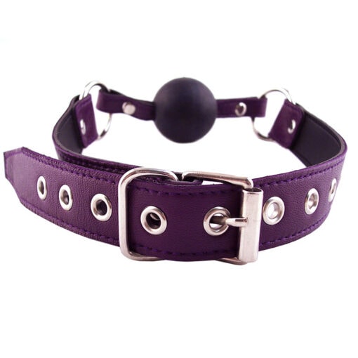 A purple leather collar with a ball on it.