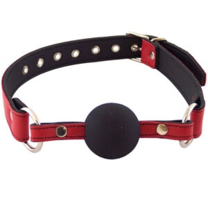 A red and black leather collar with a ball on it.
