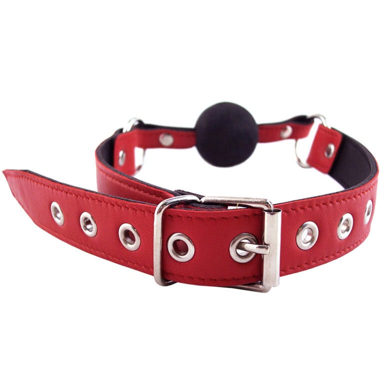 Leather BDSM collar with ball gag, adjustable strap, and metal hardware for adult bondage and fetish play. Perfect for enhancing intimacy and exploring BDSM fantasies.
