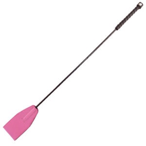 A pink paddle with a black handle on a white background.