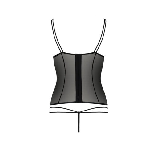 The back view of a black corset.