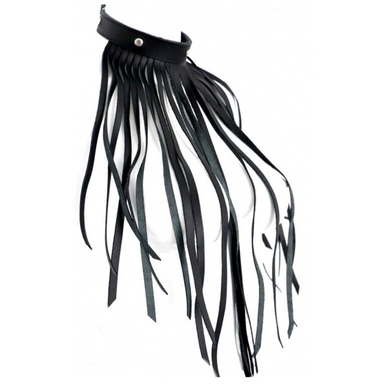 A black leather fringe choker necklace featuring multiple leather strips hanging from a secure metal snap closure, ideal for BDSM, fetish, and alternative fashion accessories.