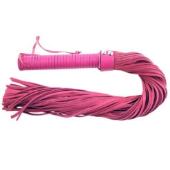 A pink leather whip with a handle.