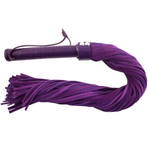 A purple leather whip with tassels on it.