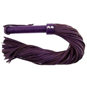 A purple leather whip with a metal handle.