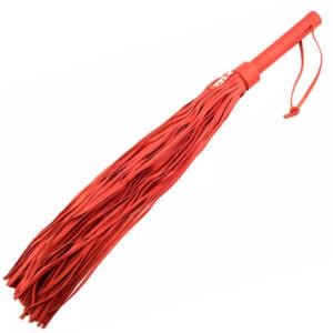 A red broom with a handle on a white background.